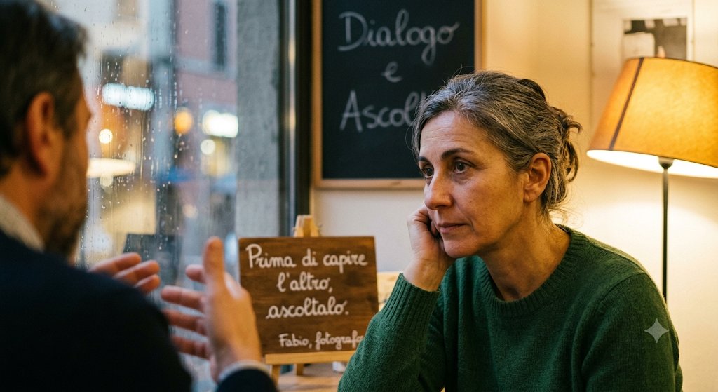 Due persone al tavolo di un caffè, in una conversazione di ascolto vicino a una finestra piovosa